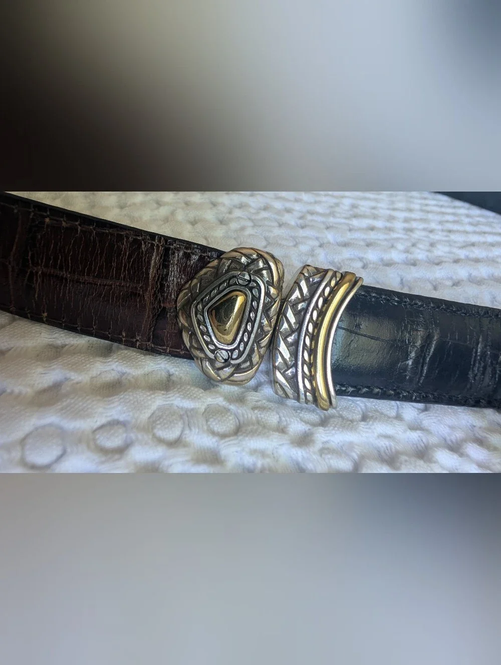 Vintage BRIGHTON Marcus Two Tone Croc Leather Belt Heart Concho 40210 Size 32